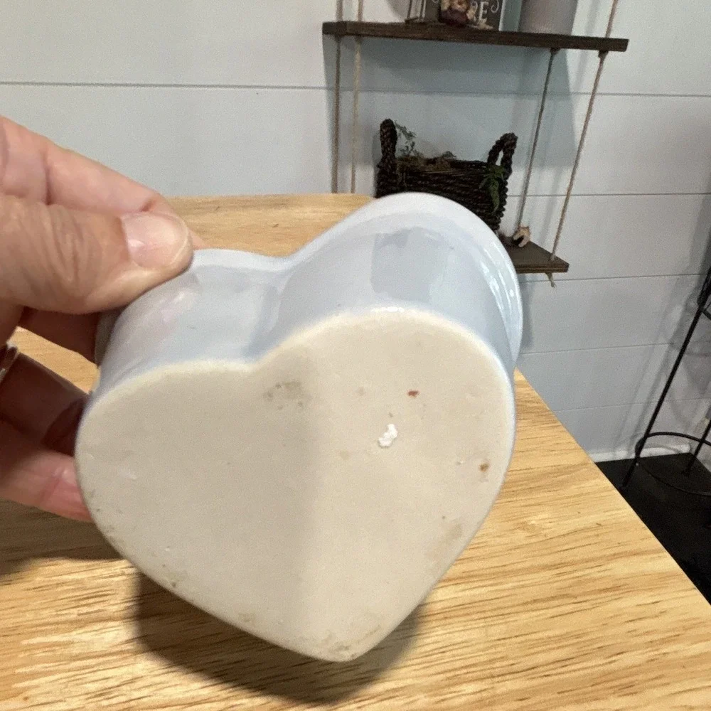 3 Adorable Crock-like Heart-Shaped and patterned Bowls Gray/Blue Glossy